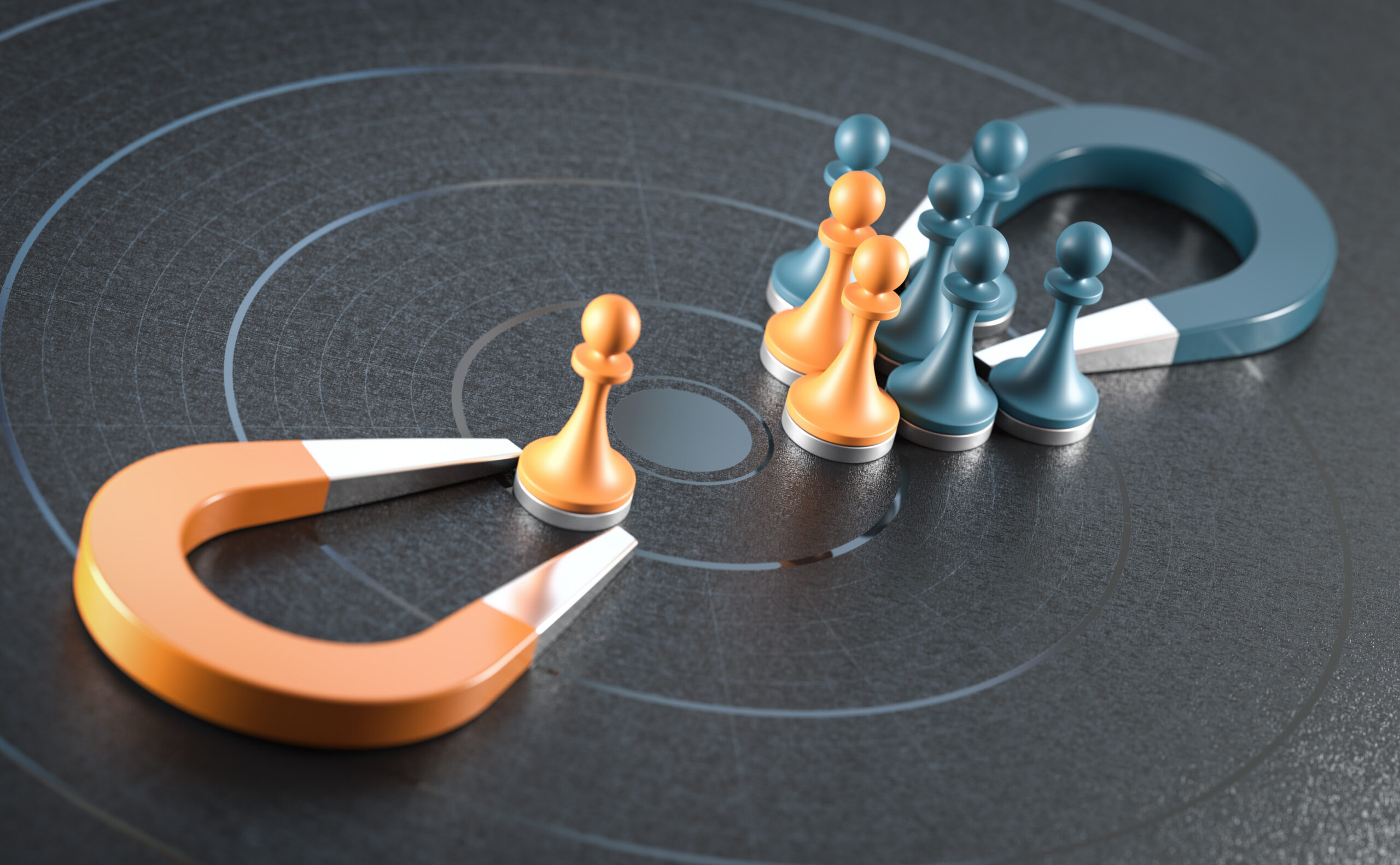 Two sets of magnets and chess pieces opposite each other, representing customer retention